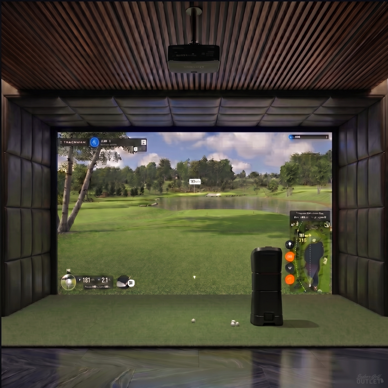 Uneekor EYE MINI custom installed golf simulator room with leatherette wall and ceiling padding.