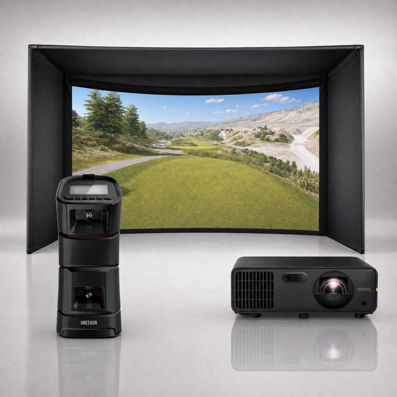 Uneekor EYE MINI launch monitor package hero image showing the Carl's Place Curved Golf Simulator Enclosure with a BenQ short-throw projector on a grey studio background.