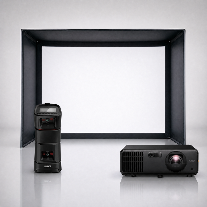 Uneekor EYE MINI launch monitor package hero image showing the SIG DIY Golf Simulator Enclosure with a BenQ short-throw projector on a grey studio background.