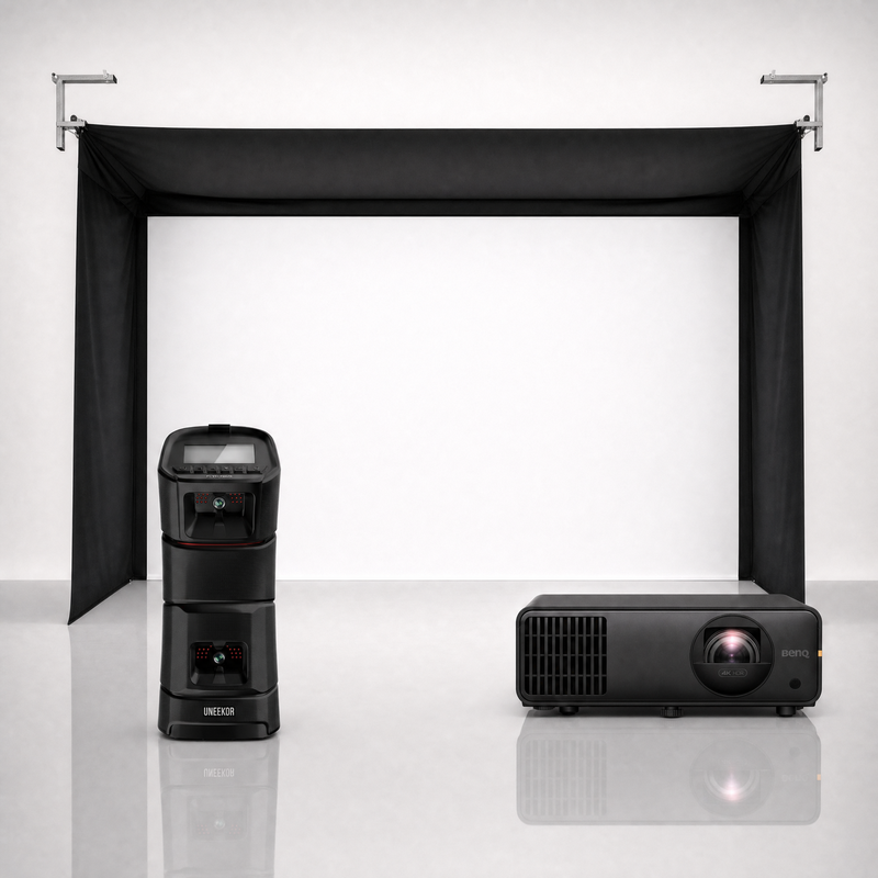 Uneekor EYE MINI launch monitor package hero image showing the SportScreen Vanish Golf Simulator Enclosure with a BenQ short-throw projector on a grey studio background.