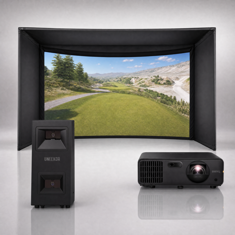 Uneekor EYE MINI LITE launch monitor package hero image showing the Carl's Place Curved Golf Simulator Enclosure with a BenQ short-throw projector on a grey studio background.