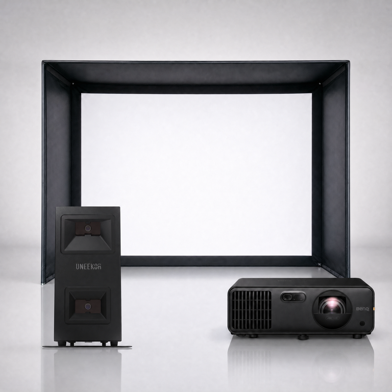 Uneekor EYE MINI LITE launch monitor package hero image showing the SIG DIY Golf Simulator Enclosure with a BenQ short-throw projector on a grey studio background.