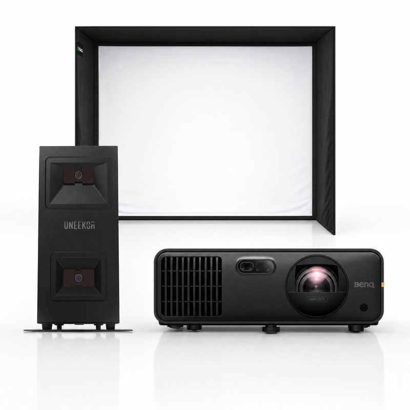 Uneekor EYE MINI LITE launch monitor with SIG enclosure and projector golf simulator package