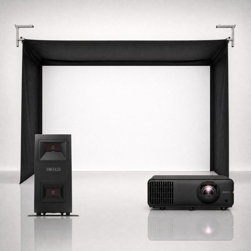 Uneekor EYE MINI LITE launch monitor package hero image showing the SportScreen Vanish Golf Simulator Enclosure with a BenQ short-throw projector on a grey studio background.