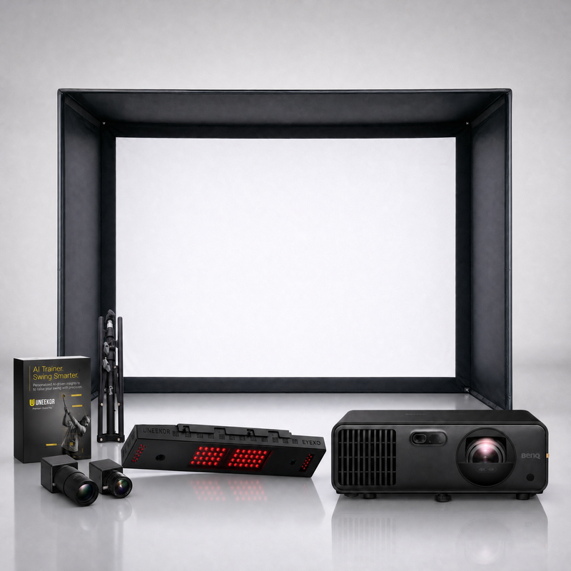 Uneekor EYE XO launch monitor package hero image showing the SIG DIY Golf Simulator Enclosure with a BenQ short-throw projector on a grey studio background.