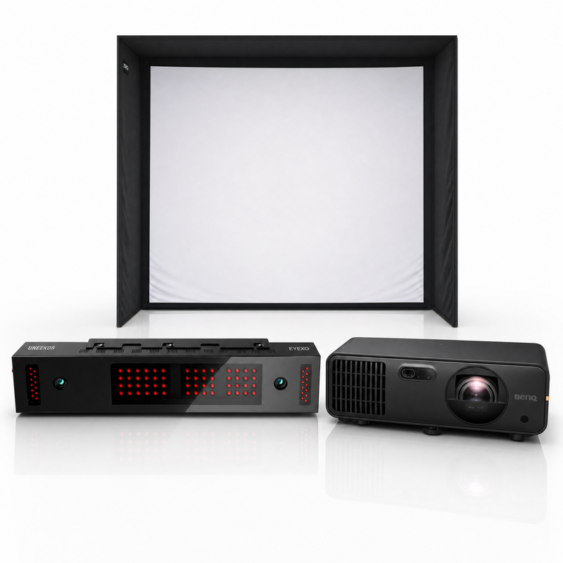 Uneekor EYE XO launch monitor with SIG enclosure and projector golf simulator package