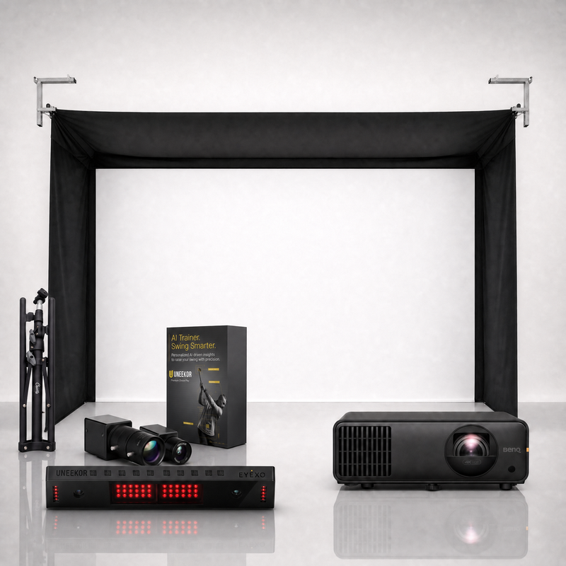 Uneekor EYE XO launch monitor package hero image showing the SportScreen Vanish Golf Simulator Enclosure with a BenQ short-throw projector on a grey studio background.