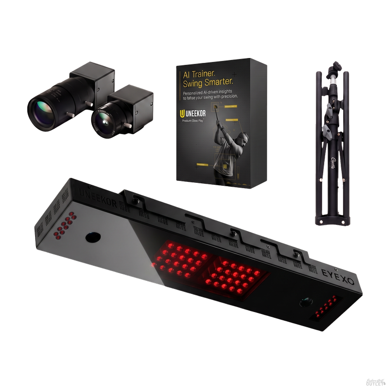 Uneekor EYE XO launch monitor with the two Swing Optix swing cameras, a tripod, and the AI Trainer software box.