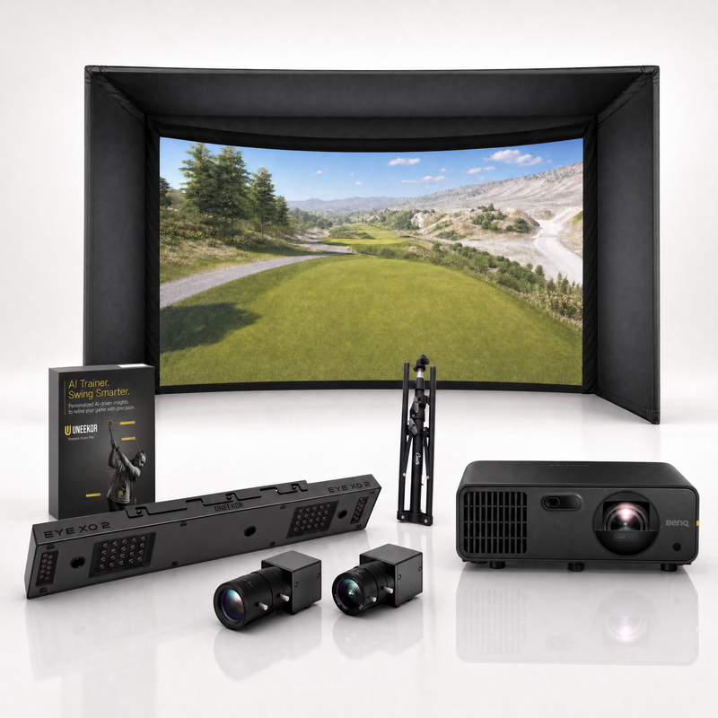 Uneekor EYE XO2 launch monitor with Carl's Place Curved golf simulator enclosure and BenQ projector