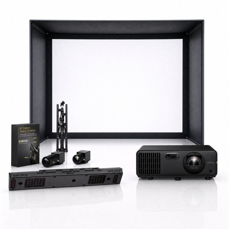 Uneekor EYE XO2 launch monitor with SIG DIY golf simulator enclosure and BenQ projector