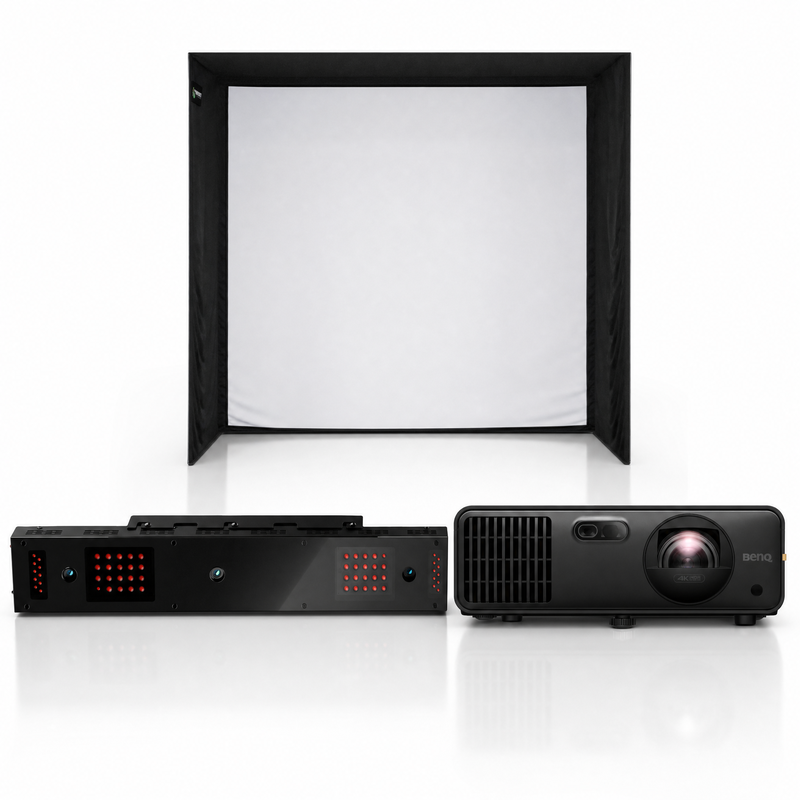 Uneekor EYE XO2 launch monitor with SIG enclosure and projector golf simulator package