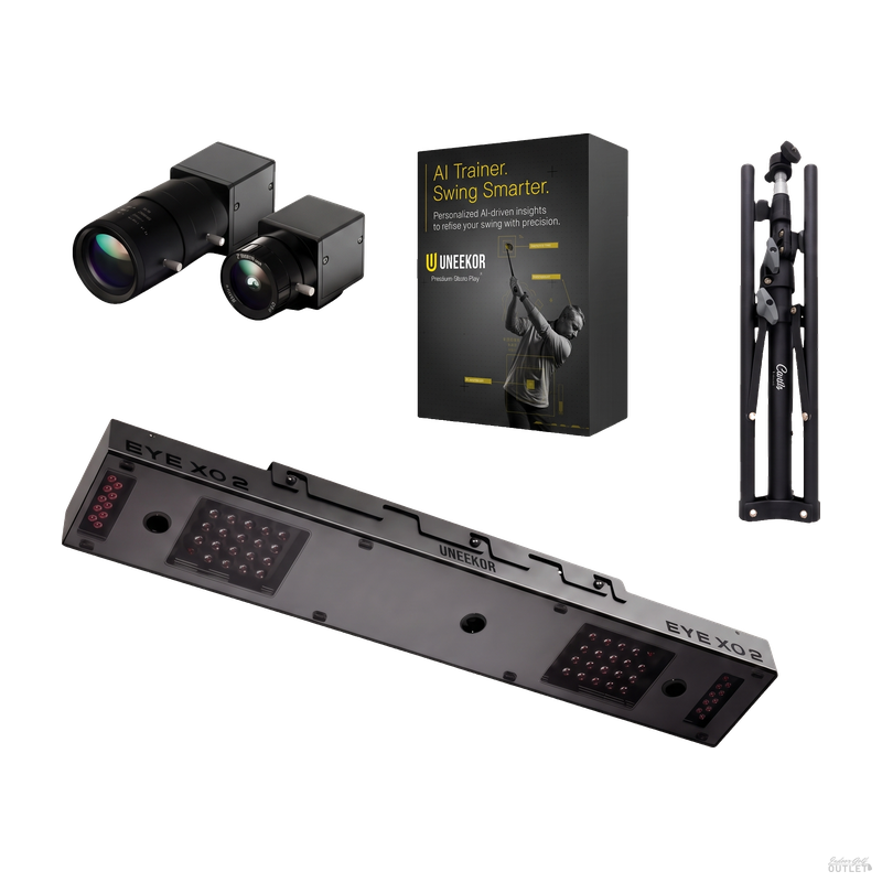 Uneekor EYE XO2 launch monitor with the two Swing Optix swing cameras, a tripod, and the AI Trainer software box.