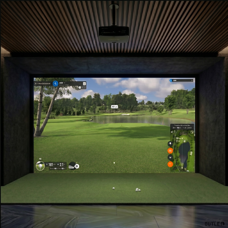 Uneekor EYE XR custom installed golf simulator room with acoustic carpet wall and ceiling padding.