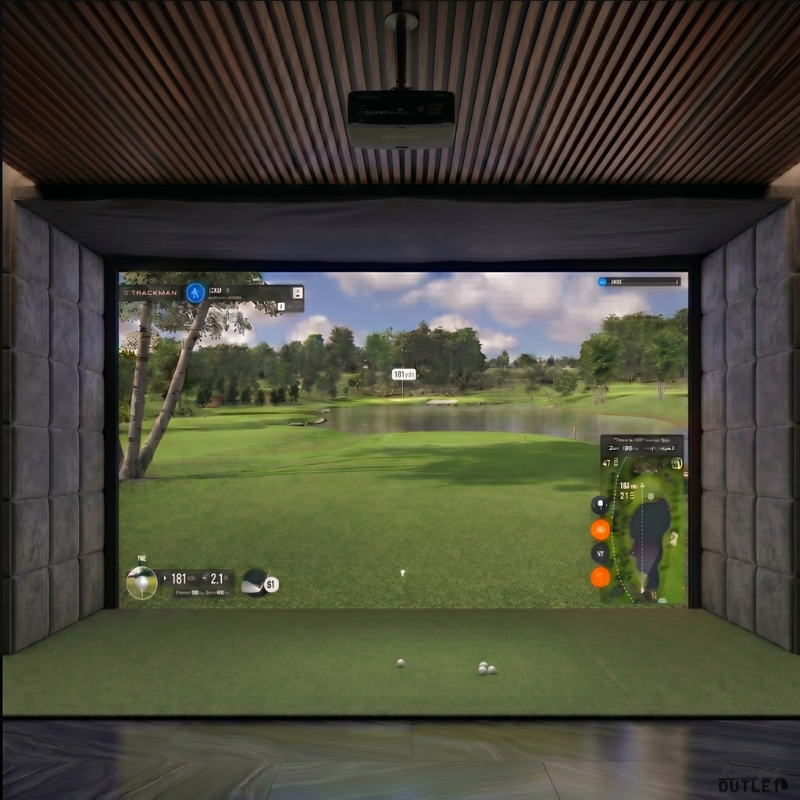 Uneekor EYE XR custom installed golf simulator room with velvet wall padding and mesh ceiling.
