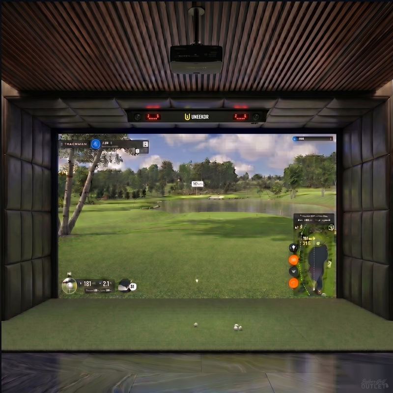 Uneekor EYE XR custom installed golf simulator room with leatherette wall and ceiling padding.