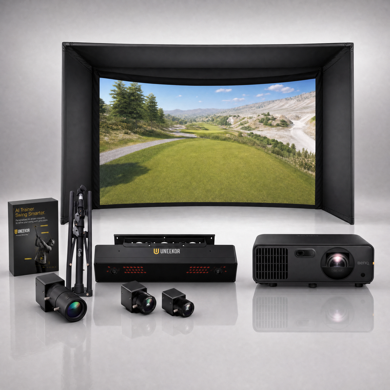 Uneekor EYE XR launch monitor package hero image showing the Carl's Place Curved Golf Simulator Enclosure with a BenQ short-throw projector on a grey studio background.