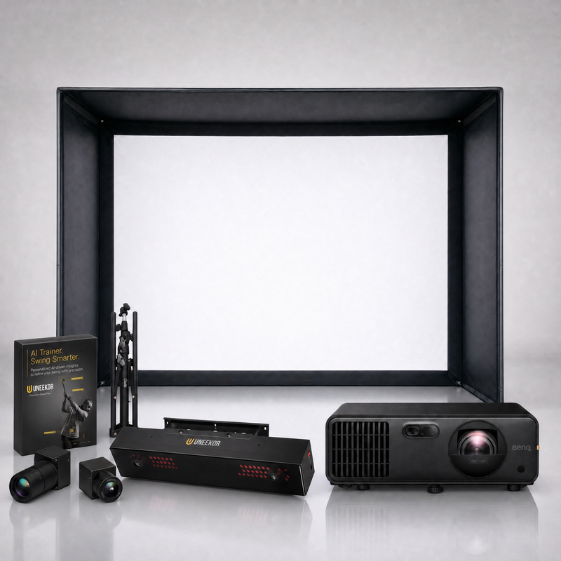 Uneekor EYE XR launch monitor package hero image showing the SIG DIY Golf Simulator Enclosure with a BenQ short-throw projector on a grey studio background.