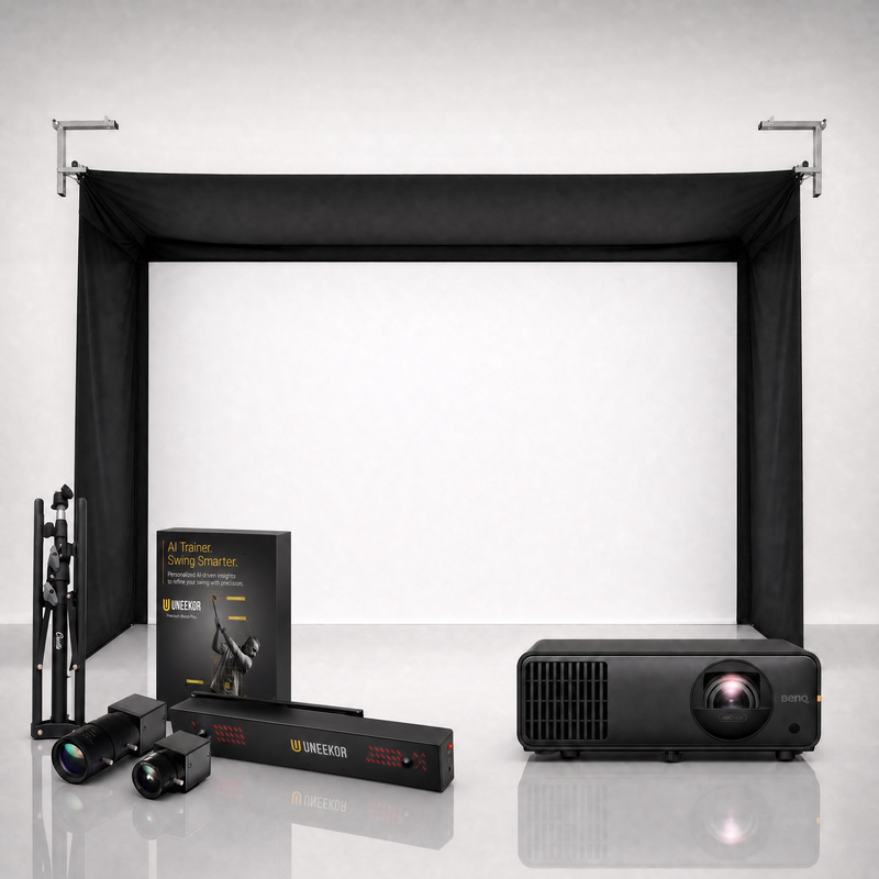 Uneekor EYE XR launch monitor package hero image showing the SportScreen Vanish Golf Simulator Enclosure with a BenQ short-throw projector on a grey studio background.