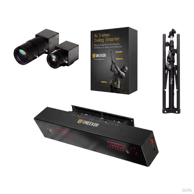 Uneekor EYE XR launch monitor with the two Swing Optix swing cameras, a tripod, and the AI Trainer software box.