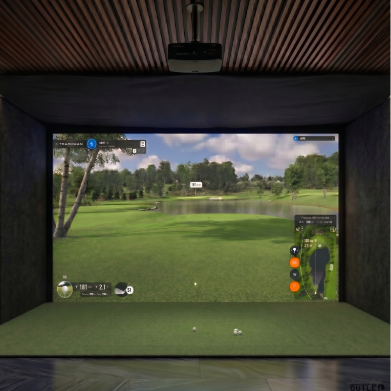 VTrack custom installed golf simulator room with acoustic carpet wall padding and mesh ceiling.