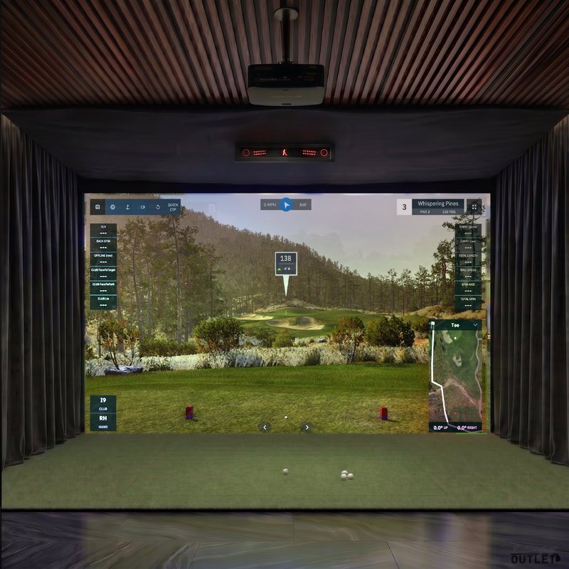 VTrack custom installed golf simulator room with wall curtains and mesh ceiling.