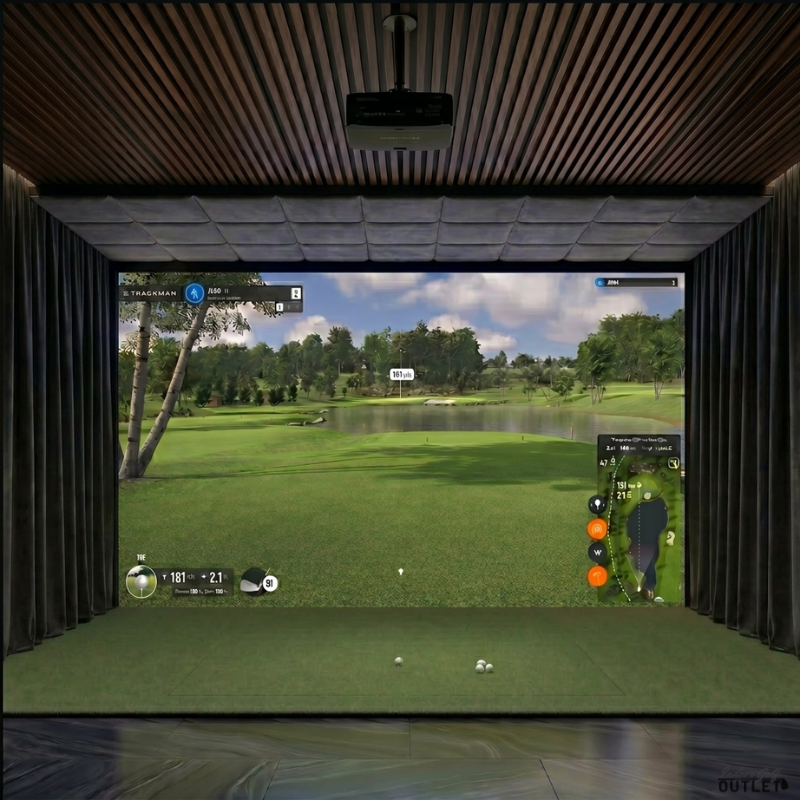 VTrack custom installed golf simulator room with wall curtains and velvet ceiling padding.