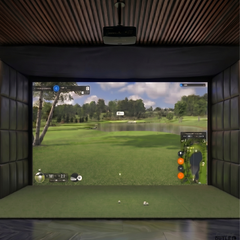 VTrack custom installed golf simulator room with leatherette wall padding and mesh ceiling.