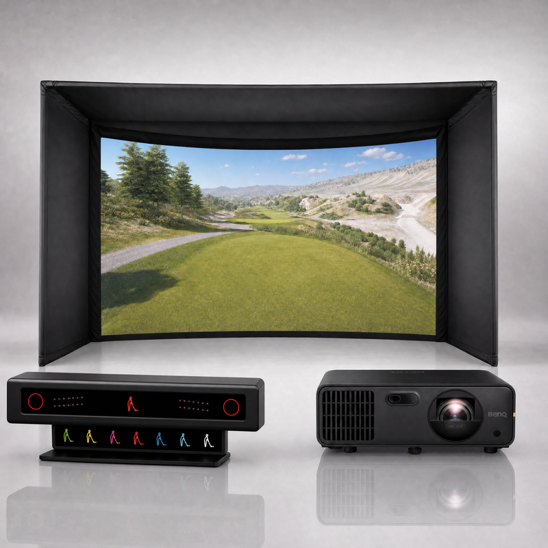 VTrack launch monitor package hero image showing the Carl's Place Curved Golf Simulator Enclosure with a BenQ short-throw projector on a grey studio background.