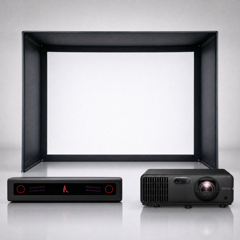 VTrack launch monitor package hero image showing the SIG DIY Golf Simulator Enclosure with a BenQ short-throw projector on a grey studio background.