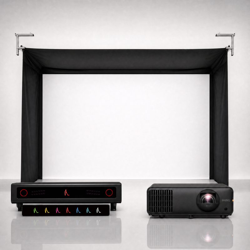 VTrack launch monitor package hero image showing the SportScreen Vanish Golf Simulator Enclosure with a BenQ short-throw projector on a grey studio background.
