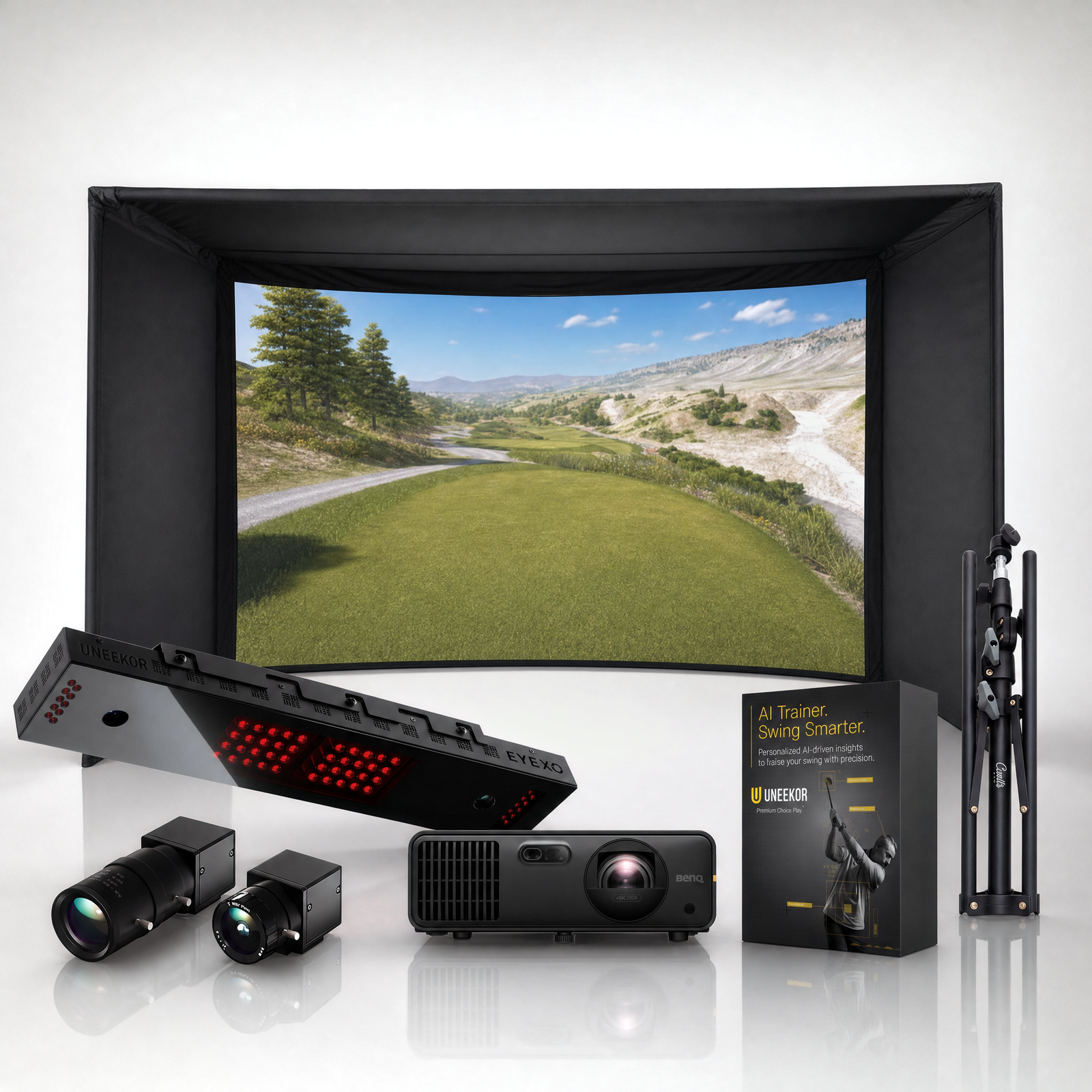 Uneekor EYE XO Carl's Place Curved golf simulator package hero on a grey studio background.