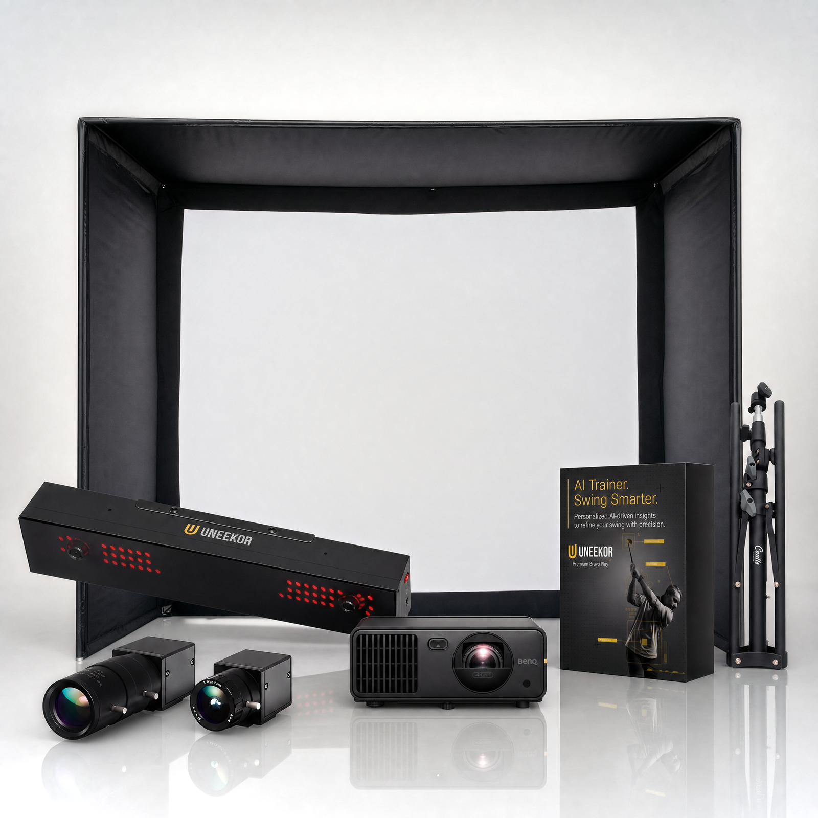 Uneekor EYE XR SIG DIY golf simulator package hero on a grey studio background.